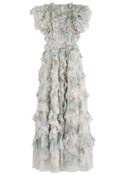 Needle & Thread Hydrangea Genevieve Floral-print Ruffle Tulle Gown In Multicoloured