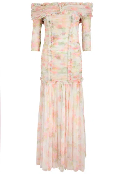 Needle & Thread Immortal Rose Printed Off-the-shoulder Chiffon Gown In Multicoloured