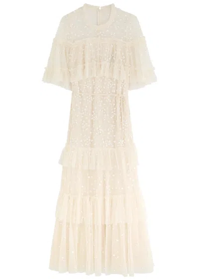 Needle & Thread Leila Dot Embellished Tiered Tulle Gown In Cream