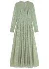 Needle & Thread Sequin-embellished Long-sleeve Gown In Green
