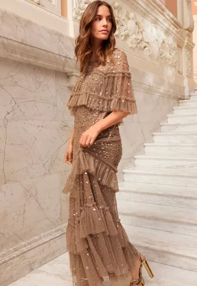 Needle & Thread Leila Dot Tiered Cape Ankle Gown In Brown