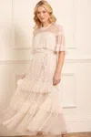 Needle & Thread Leila Dot Tiered Cape Ankle Gown In Champagne