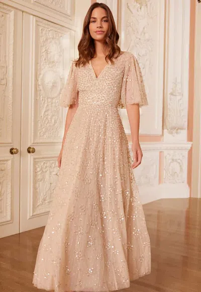 Needle & Thread Leila Dot V-neck Cape Ankle Gown In Beige
