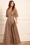 Needle & Thread Leila Dot V-neck Cape Ankle Gown In Brown