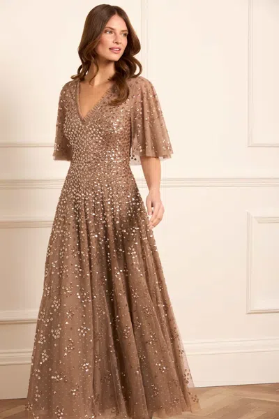 Needle & Thread Leila Dot V-neck Cape Ankle Gown In Brown