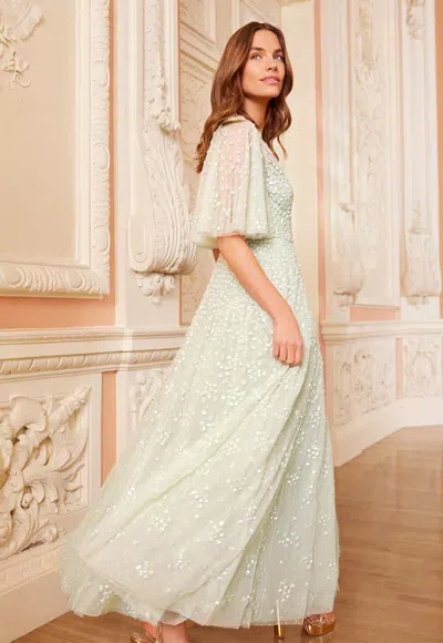 Needle & Thread Leila Dot V-neck Cape Ankle Gown In Green