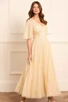 Needle & Thread Leila Dot V-neck Cape Ankle Gown In Yellow