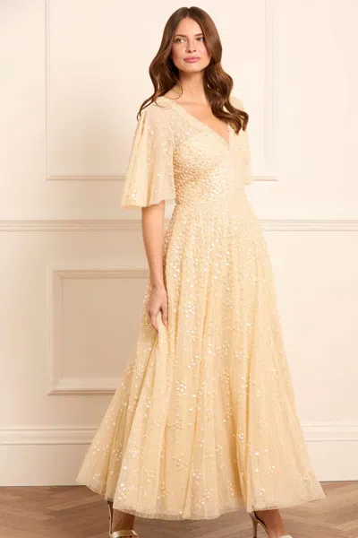 Needle & Thread Leila Dot V-neck Cape Ankle Gown In Yellow