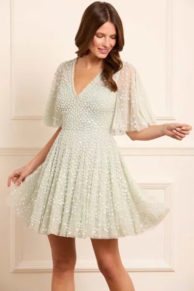 Needle & Thread Leila Dot V-neck Cape Mini Dress In Green