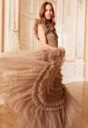 Needle & Thread Lisette Ruffle One-shoulder Gown In Brown