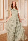 Needle & Thread Lisette Ruffle One-shoulder Gown In Green