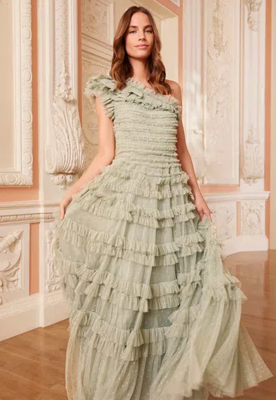 Needle & Thread Lisette Ruffle One-shoulder Gown In Green