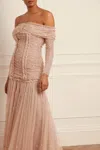 Needle & Thread Love Heart Rouched Off-shoulder Gown In Beige