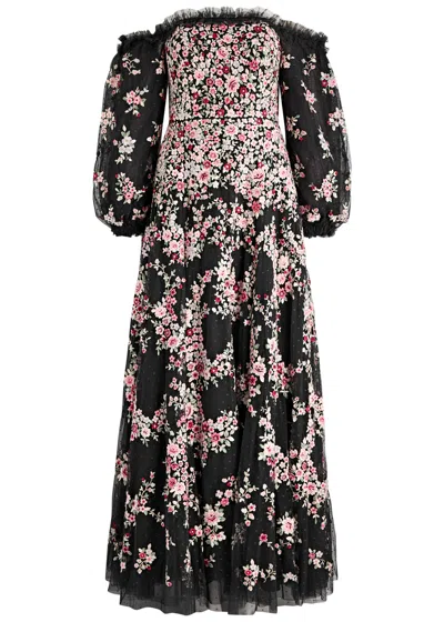 NEEDLE & THREAD NEEDLE & THREAD LUNARIA WREATH EMBROIDERED TULLE MAXI DRESS