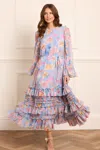 Needle & Thread Mariannes Floral Chiffon Round Neck Ankle Gown In Blue