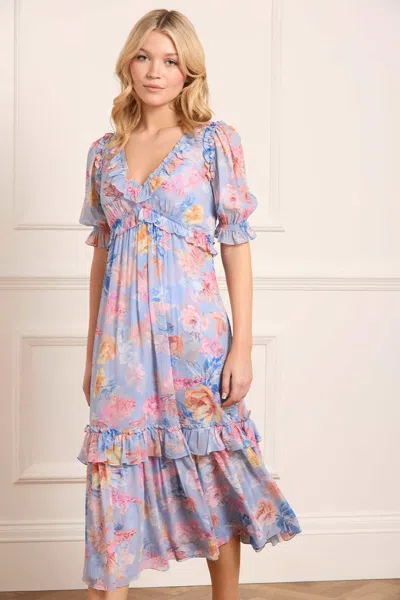 Needle & Thread Mariannes Floral Chiffon Short Sleeve Ballerina Dress In Blue
