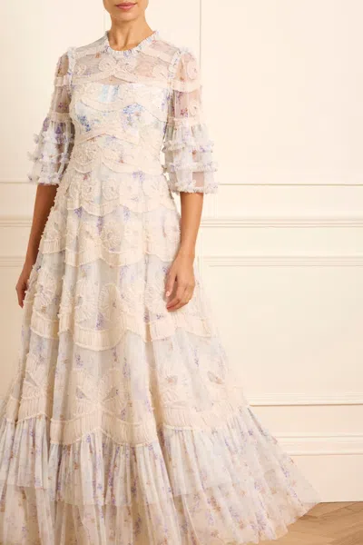 Needle & Thread Womens Moonshine Blue Ophelia Ditsy Ingrid Short-sleeves Recycled-polyester Maxi Dress In White