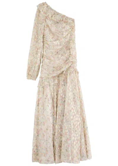 Needle & Thread Ophelia Floral-print Ruffle Tulle One-shoulder Gown In Multicoloured