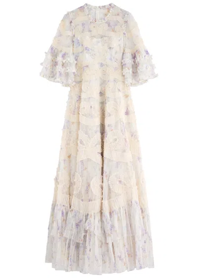 Needle & Thread Ophelia Floral-print Tulle Ruffled Maxi Gown In Multicoloured