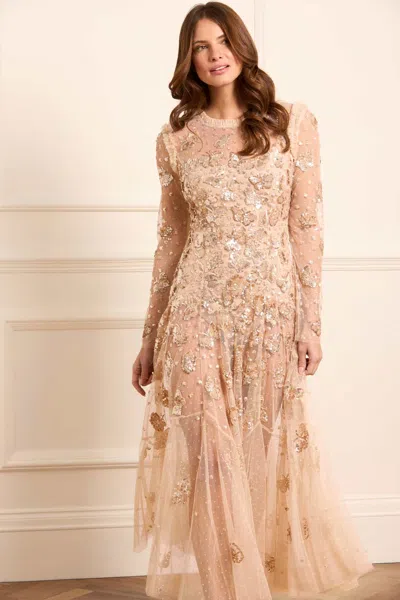 Needle & Thread Papillon Sheer Ankle Gown In Beige