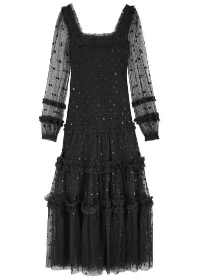 Needle & Thread Polka Dot Sequin-embellished Smocked Gown In Black