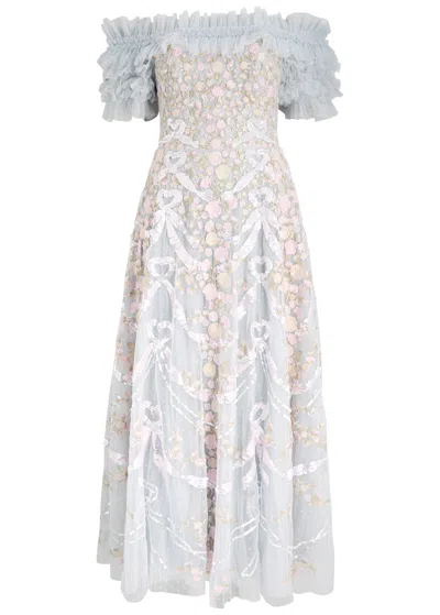 Needle & Thread Ribbon Heart Floral-embroidered Tulle Gown In Light Blue