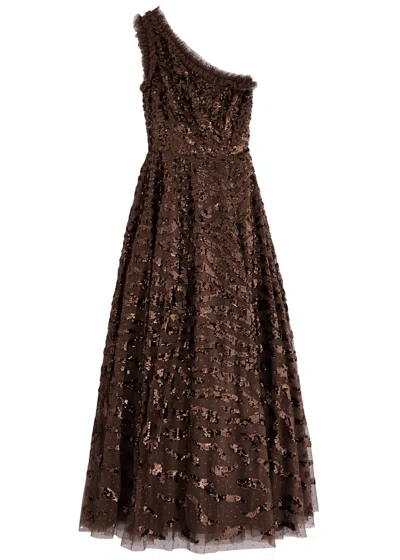 Needle & Thread Ripple Sequin-embellished One-shoulder Tulle Gown In Chocolate