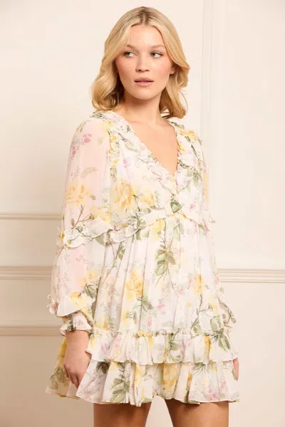 Needle & Thread Rose Chiffon Long Sleeve Micro Mini Dress In Multi