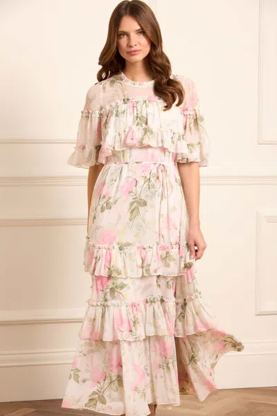 Needle & Thread Rose Chiffon Tiered Cape Ankle Gown In Multi
