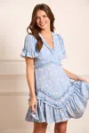 Needle & Thread Rose Ditsy Satin V-neck Micro Mini Dress In Blue