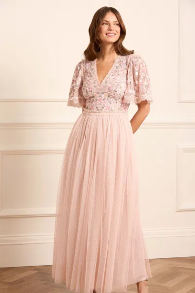 Needle & Thread Rosie Lace Bodice Short Sleeve V-neck Ankle Gown In Pink