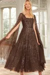 Needle & Thread Scatter Dot Cape Sleeve Midi Gown In Brown