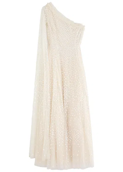 Needle & Thread Scatter Dot One-shoulder Sequin-embellished Gown In Cream