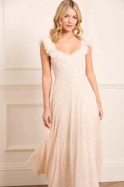 Needle & Thread Scatter Dot Ruffle Ankle Gown In Champagne
