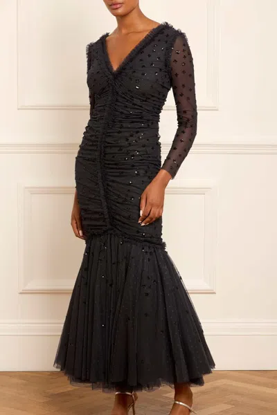 Needle & Thread Scatter Sequin Long Sleeve Ankle Gown In Black