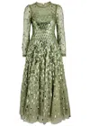 Needle & Thread Sequin-embellished Long-sleeve Gown In Olive