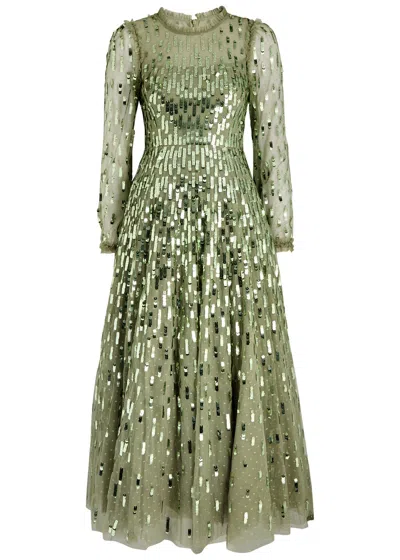 Needle & Thread Sequin Dash Embellished Tulle Gown In Olive