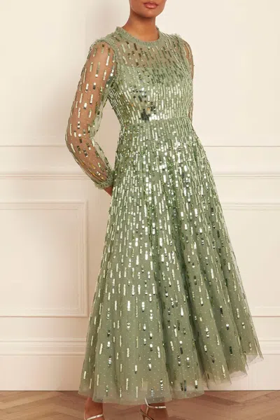 Needle & Thread Sequin Dash Long Sleeve Ankle Gown In Green