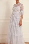 Needle & Thread Shimmer Ditsy Long-sleeve Gown In Blue