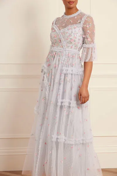Needle & Thread Shimmer Ditsy Long-sleeve Gown In Blue