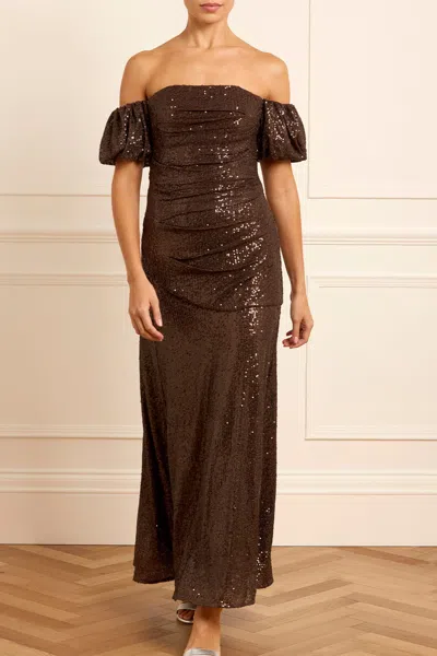 Needle & Thread Sunbeam Valentina Off-the-shoulder Gown In Brown
