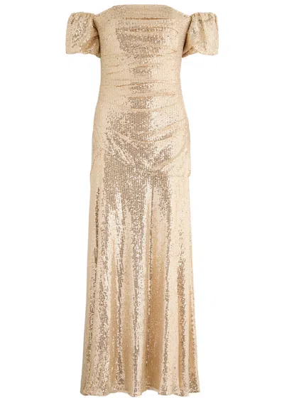 Needle & Thread Sunbeam Valentina Sequin-embellished Off-the-shoulder Tulle Gown In Gold