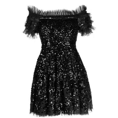Needle & Thread Women Sequin Wreath Off- Shoulder Micro Mini Dress Graphite In Black