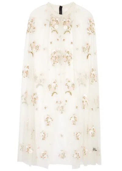 Needle & Thread Posy Floral-embroidered Tulle Cape In Cream