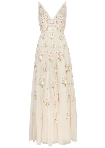 Needle & Thread Posy Floral-embroidered Tulle Gown In Cream
