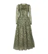 Needle & Thread Sequin-embellished Long-sleeve Gown In Green