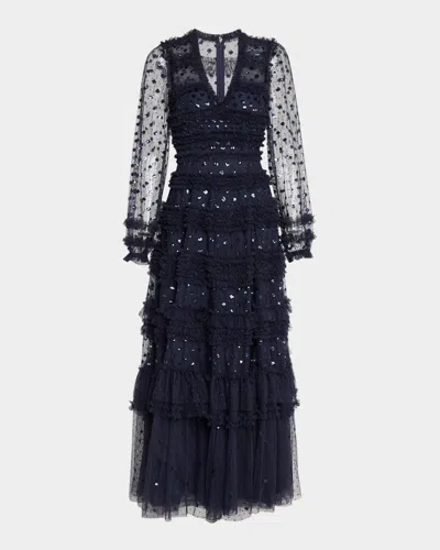 Needle & Thread Vivian Tiered Ruffle-trim Sequin Ankle Gown In Blue