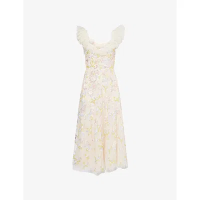 Needle & Thread Womens Sequin Dandelion Woven Midi Dress Cream