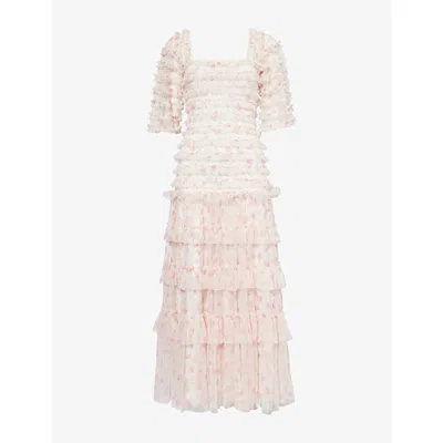 Needle & Thread Womens Rose Ditsy Frilled Woven Midi Dress Moonshine Pink