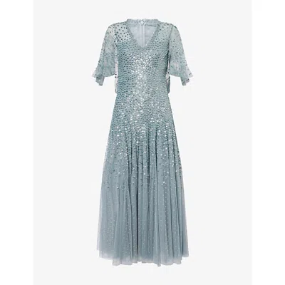Needle & Thread Womens Thistle Blue Dappled Embellished Tulle Maxi Dress In Gray